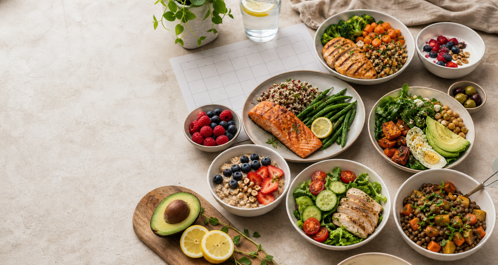 Balanced diabetes-friendly meals arranged for a three-week meal plan