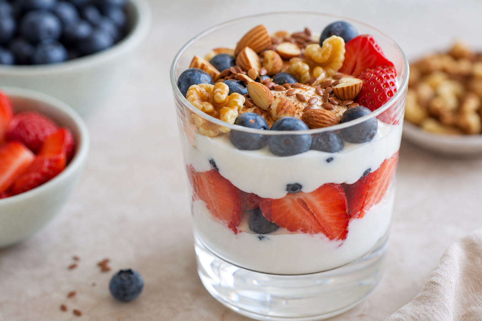 Plain Greek yogurt parfait with berries, walnuts, almonds, and flaxseed