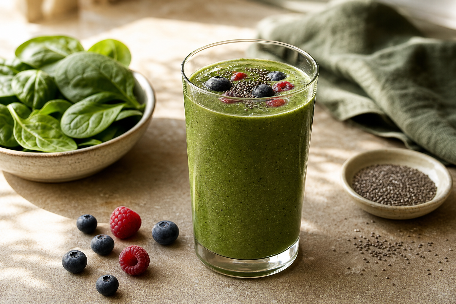 Green protein smoothie with spinach, berries, and chia seeds