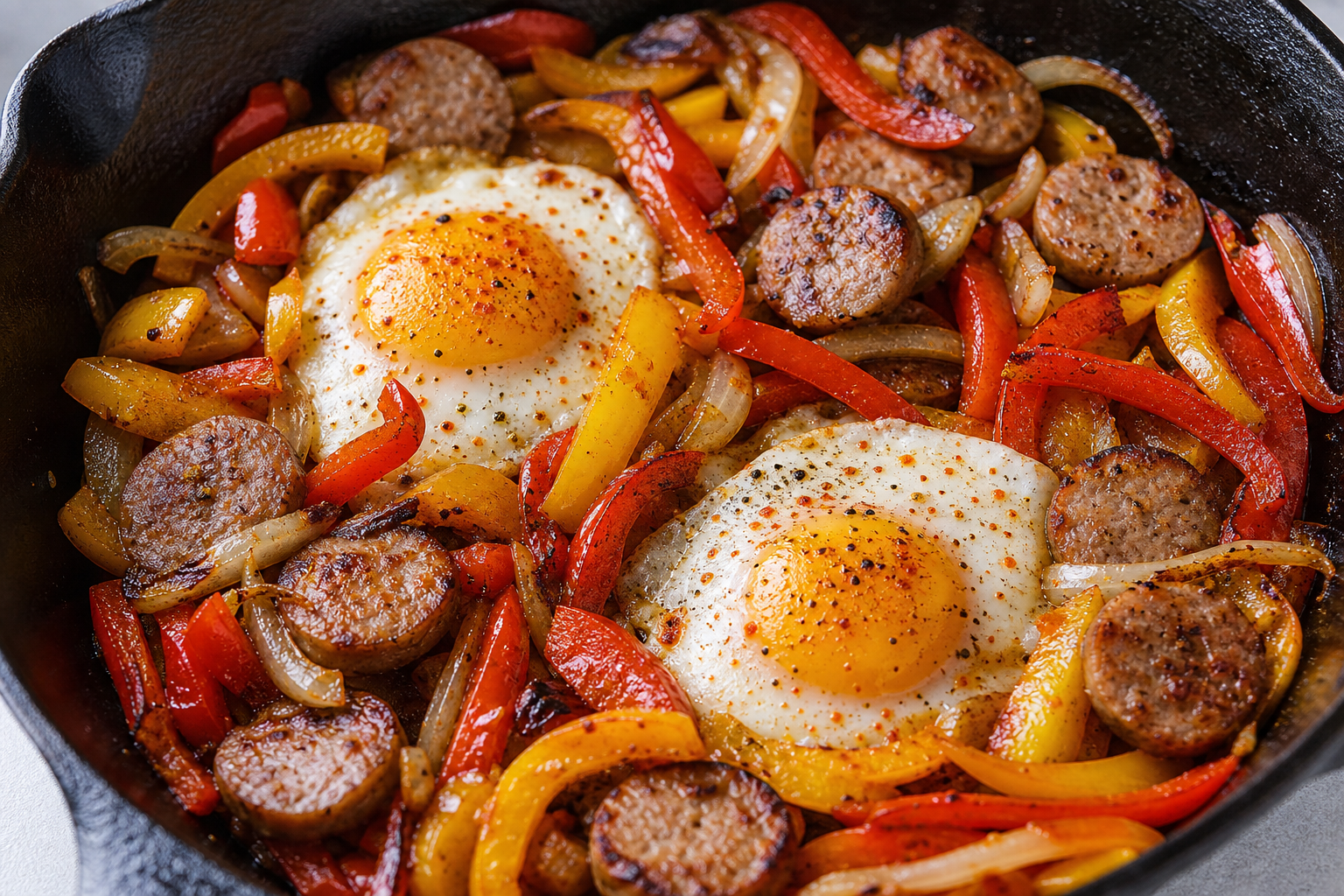 Turkey sausage breakfast skillet with two eggs, peppers, and onions