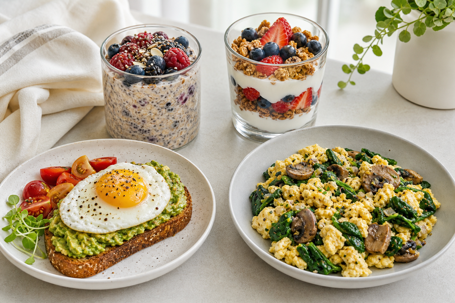 Berry overnight oats, yogurt parfait, avocado egg toast, and spinach mushroom scramble