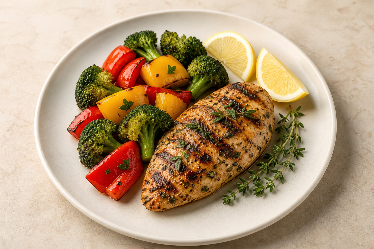 Lemon herb grilled chicken with roasted broccoli and bell peppers