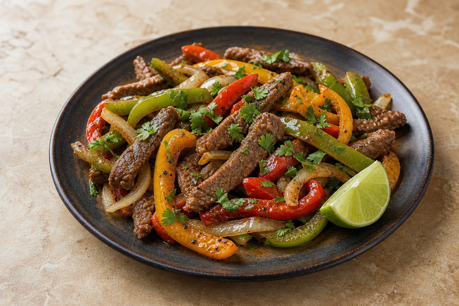 Lean beef and colorful bell pepper fajitas with lime and cilantro