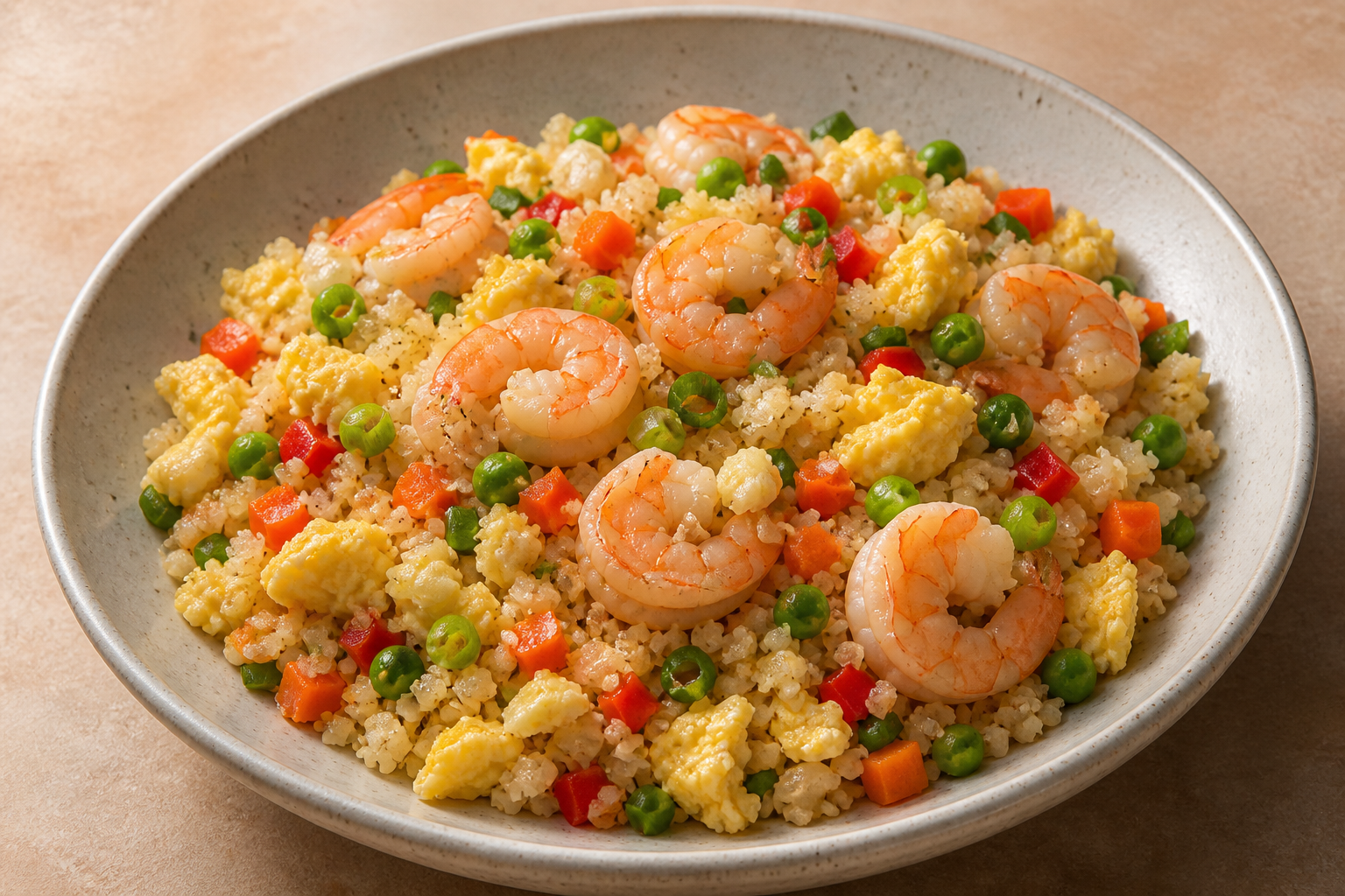 Shrimp cauliflower fried rice with egg and colorful vegetables
