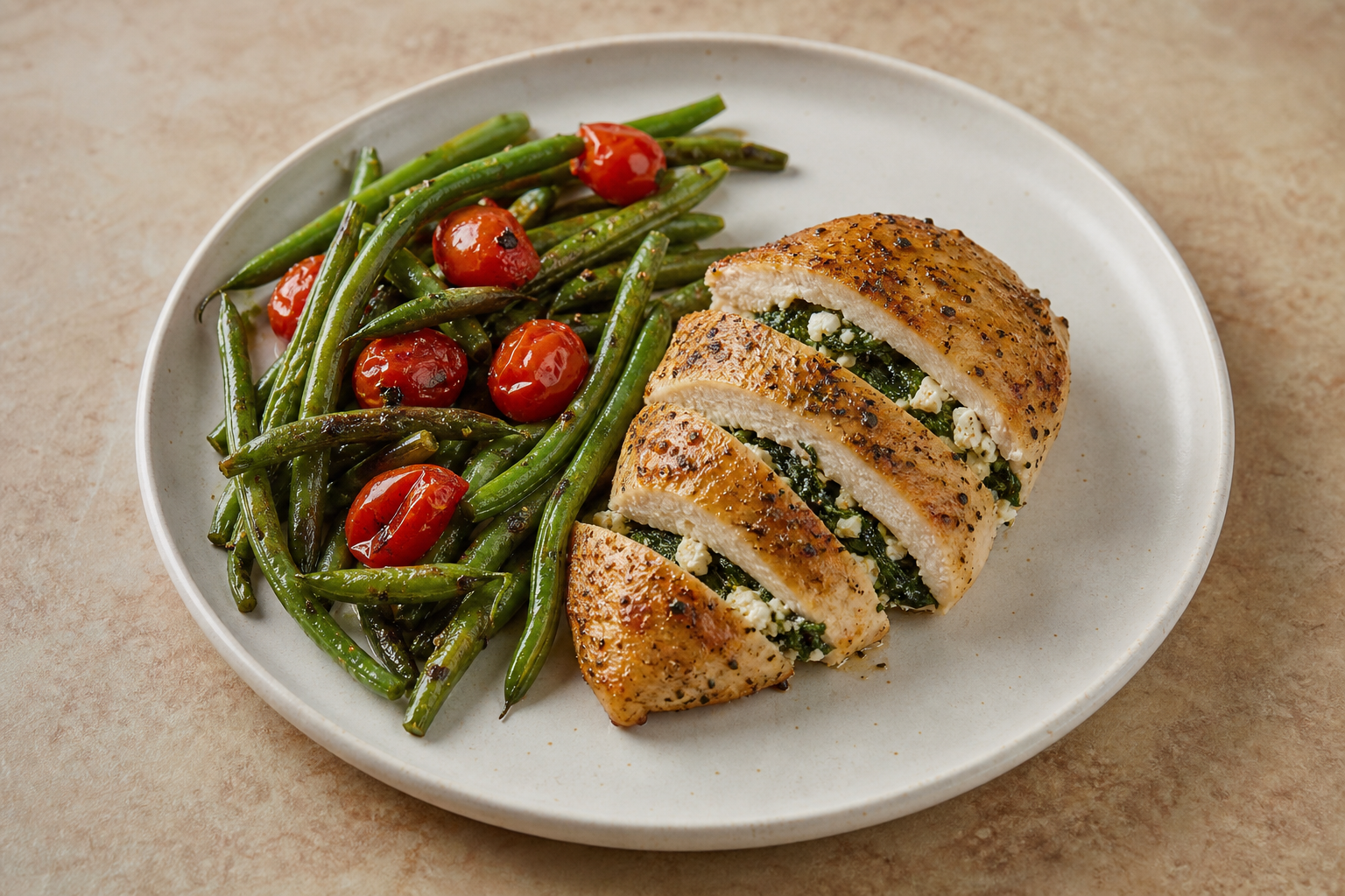 Sliced spinach and feta stuffed chicken with green beans and tomatoes