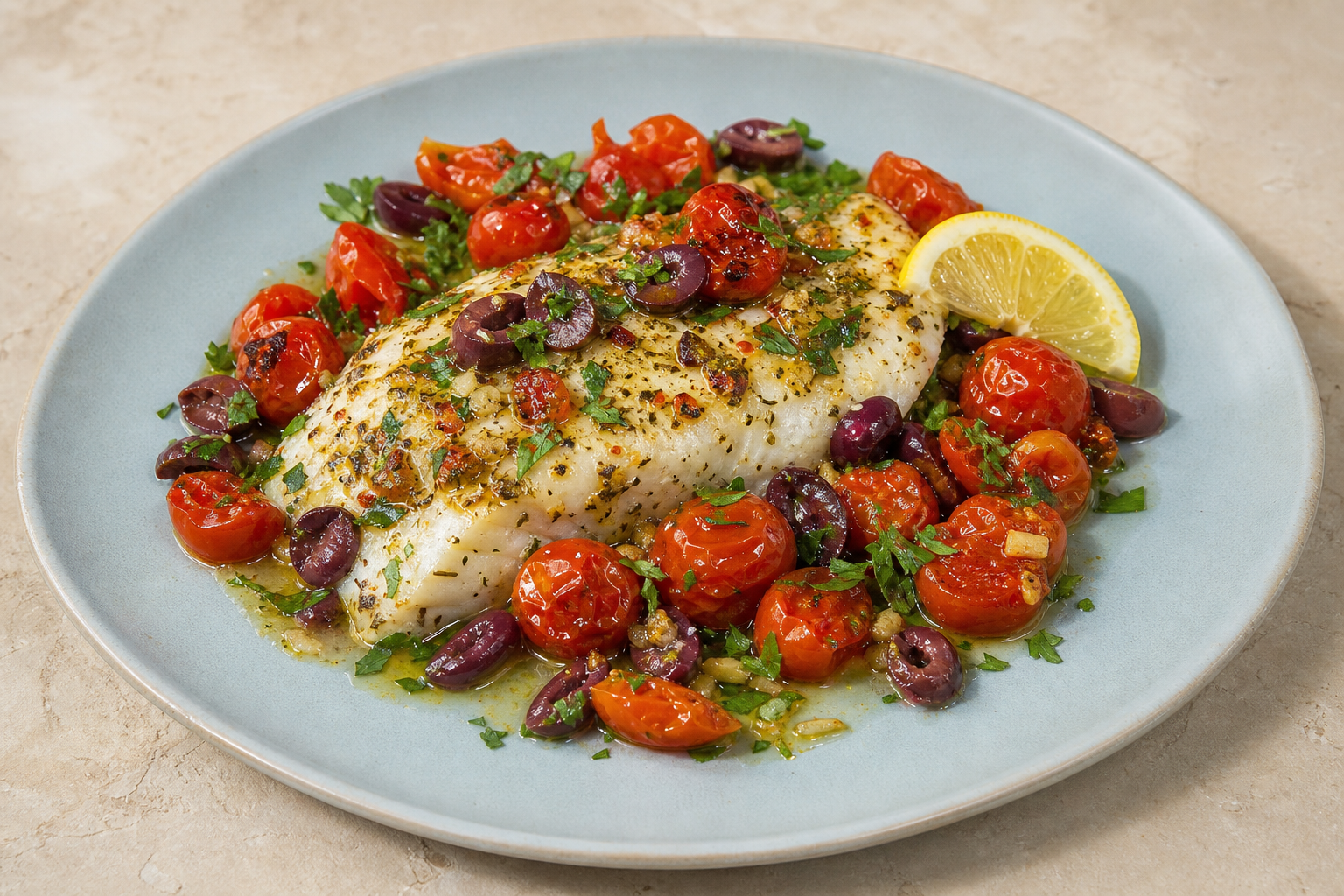 Mediterranean cod with cherry tomatoes, Kalamata olives, parsley, and lemon