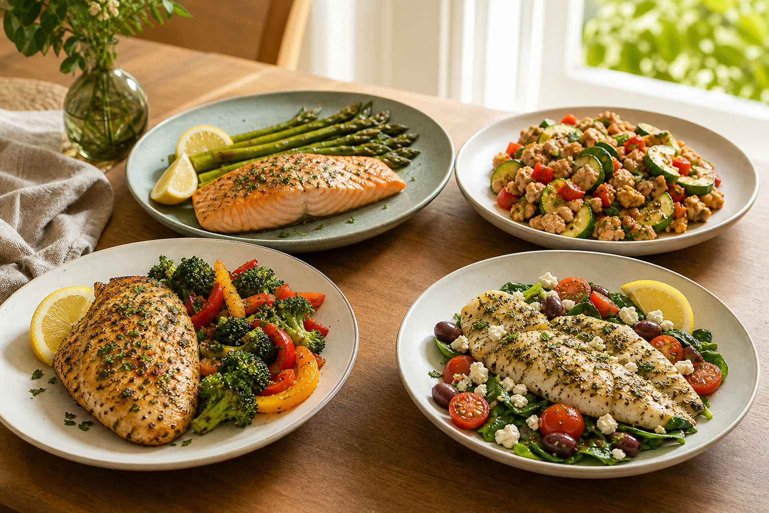 Four colorful diabetic-friendly dinners with chicken, salmon, turkey, vegetables, and white fish