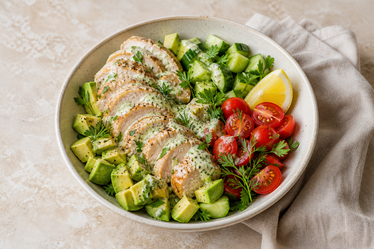 Creamy chicken avocado bowl with cucumber and cherry tomatoes
