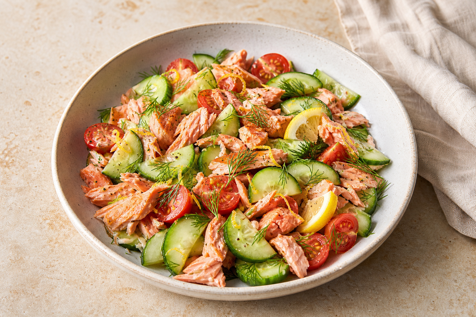 Salmon cucumber salad with tomatoes, lemon, and dill