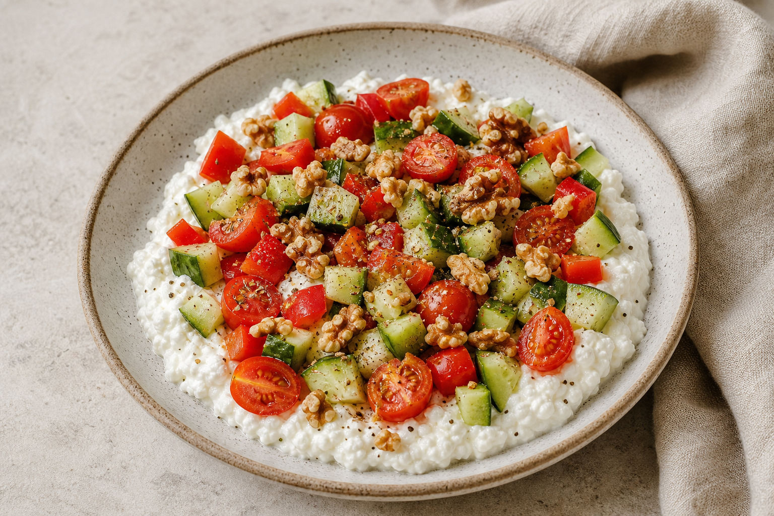 Cottage cheese vegetable bowl with cucumber, tomatoes, peppers, and walnuts