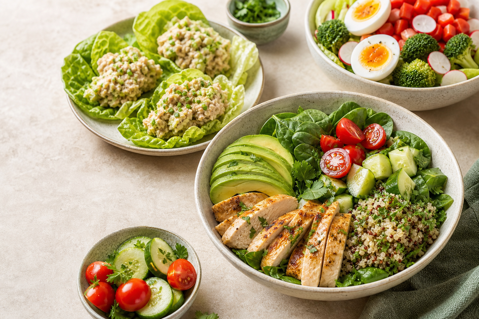 Chicken avocado bowl, tuna lettuce wraps, and colorful egg vegetable bowl