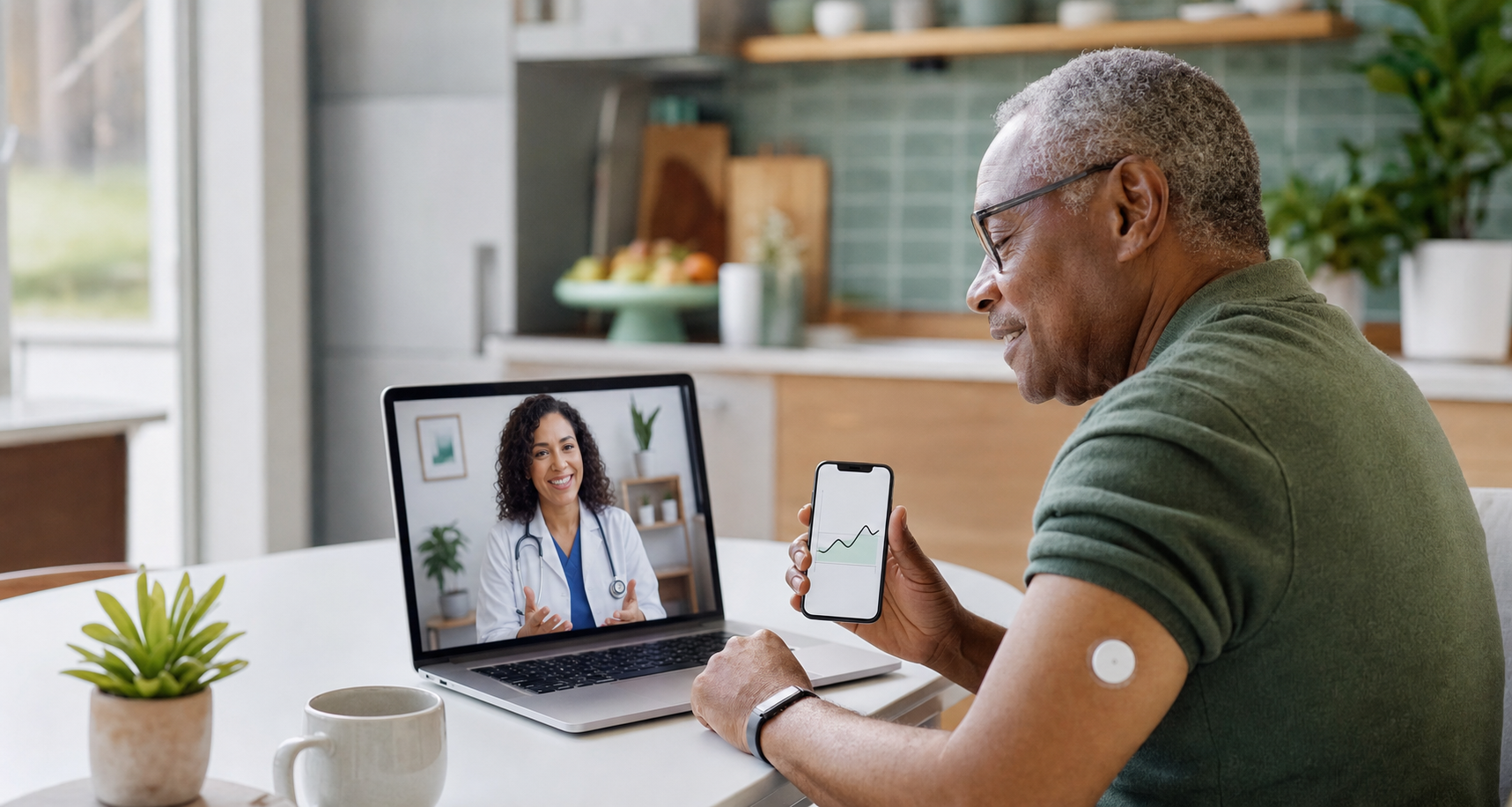 Older adult reviewing continuous glucose monitor data during a telehealth appointment