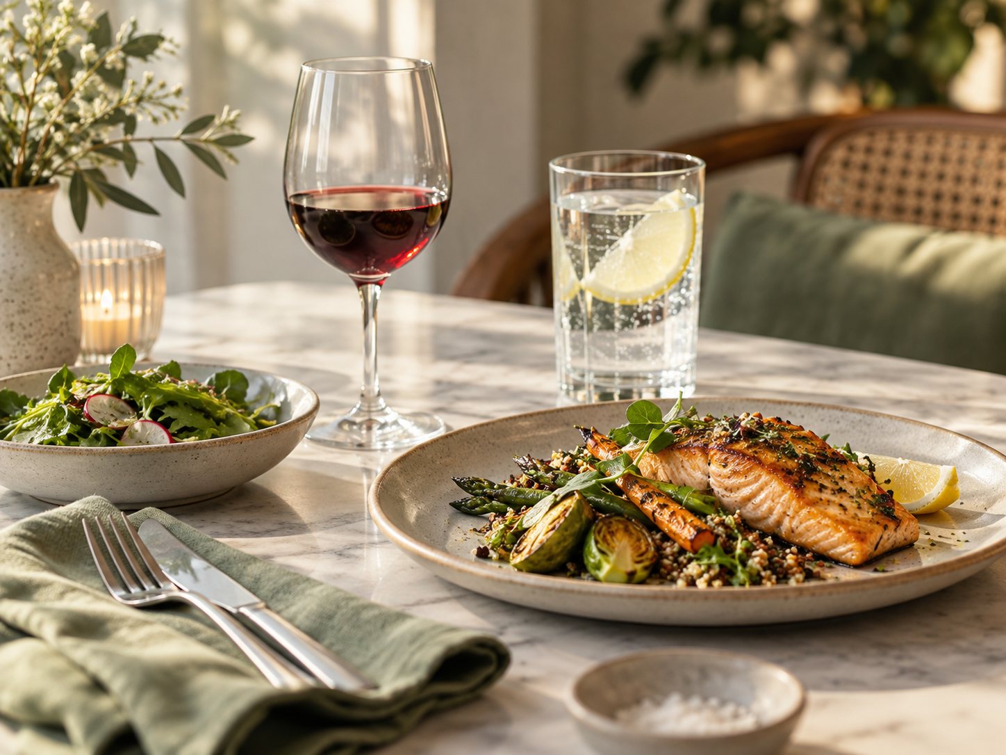A small wine glass beside water and a meal for an alcohol discussion