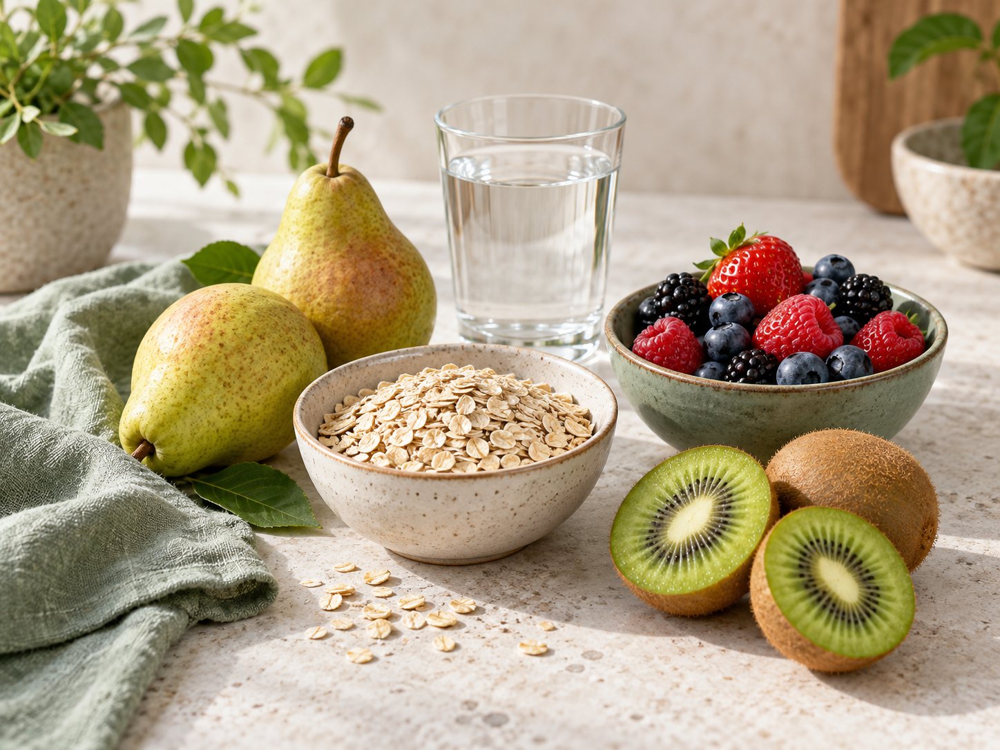 Oats, pears, kiwi, berries and water
