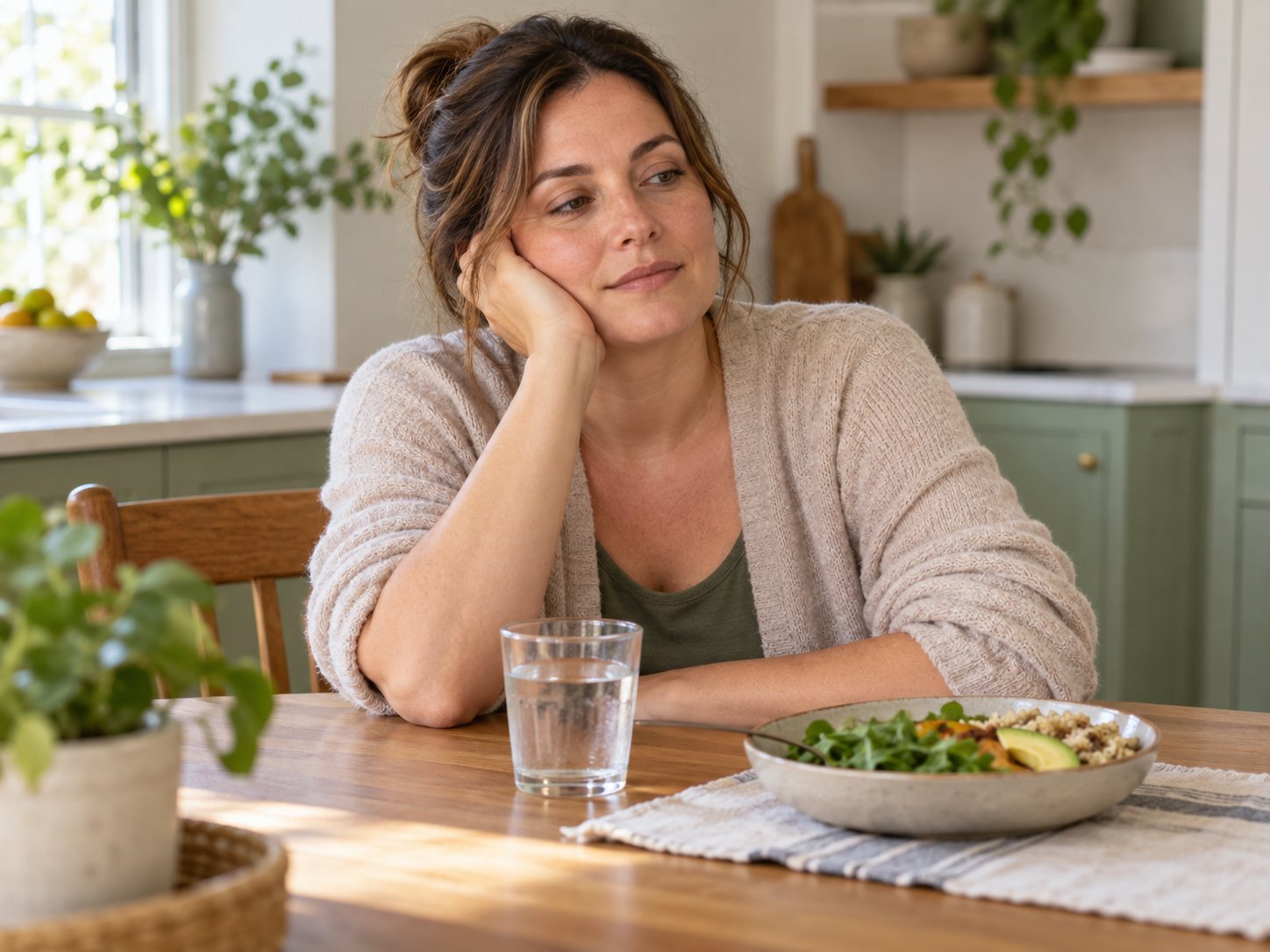 A woman taking a restful pause beside water and a small meal