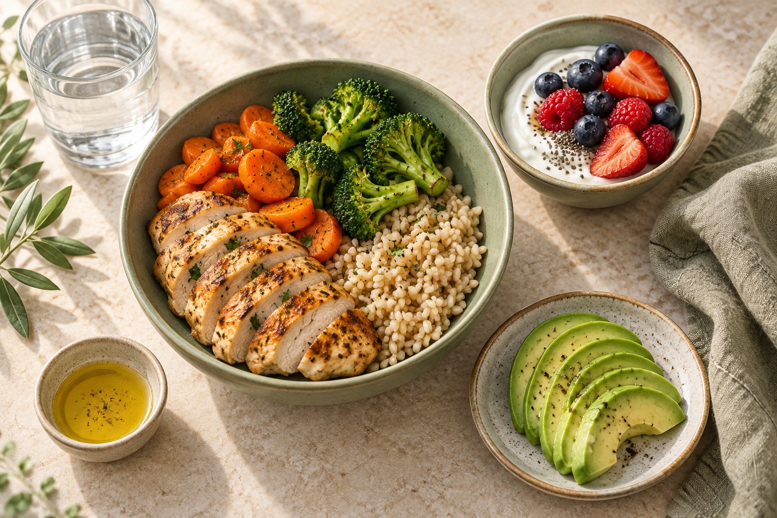 Grilled chicken with cooked vegetables and brown rice, yogurt with berries, avocado and water