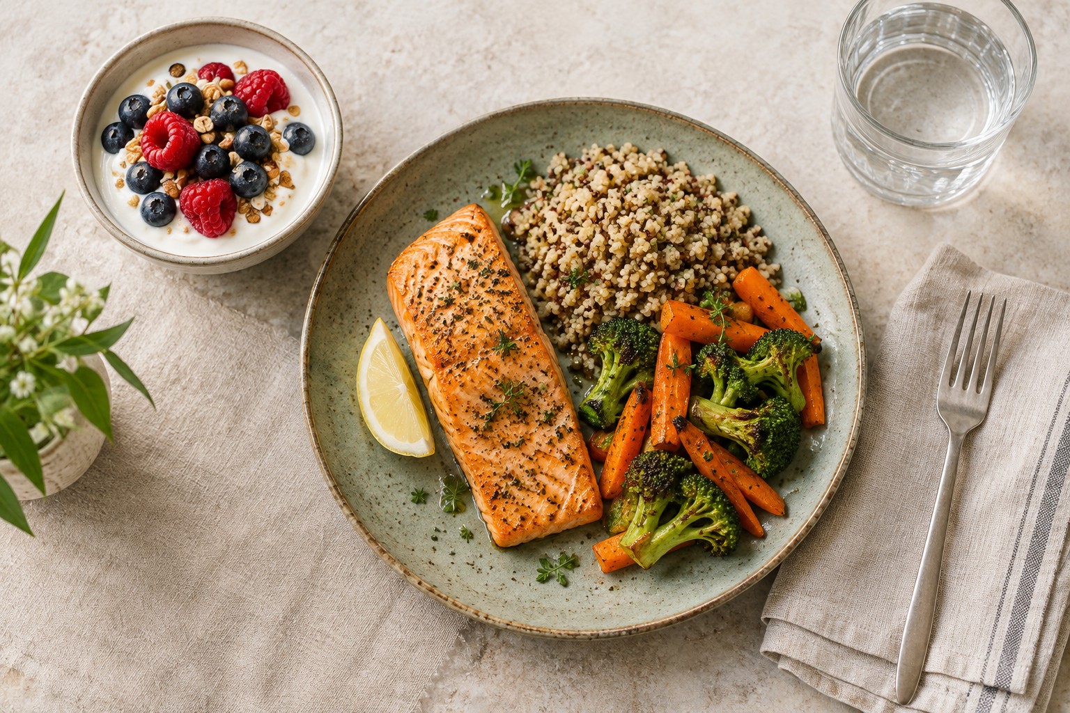 Baked salmon with quinoa and roasted vegetables, alongside Greek yogurt with berries and water