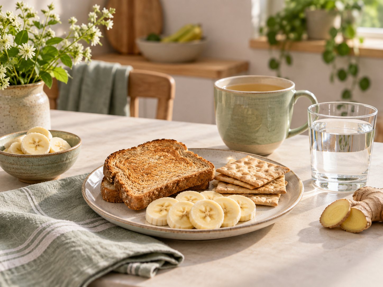 A small simple meal with toast, crackers, banana, and water