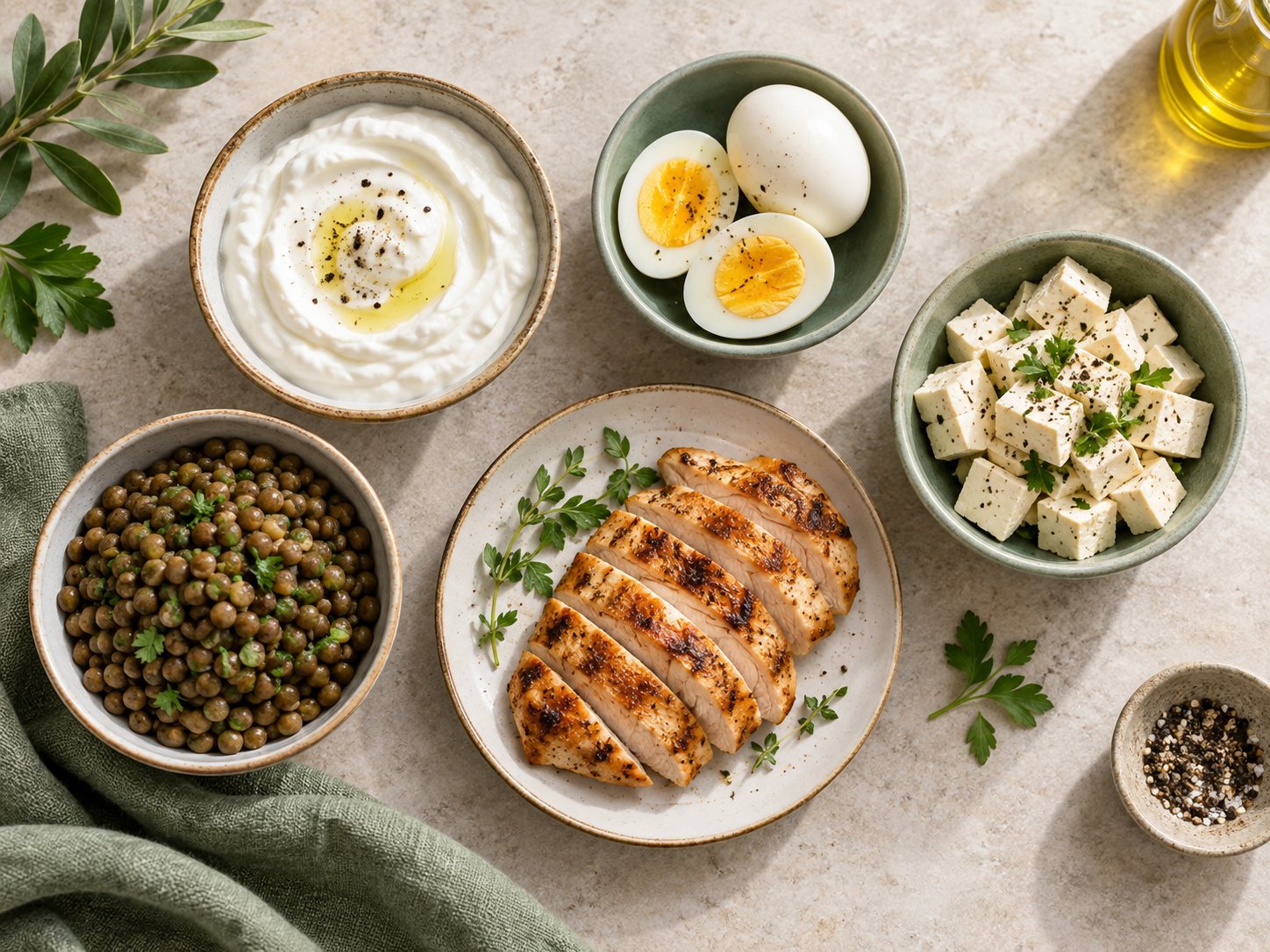Eggs, yogurt, lentils, tofu and grilled chicken