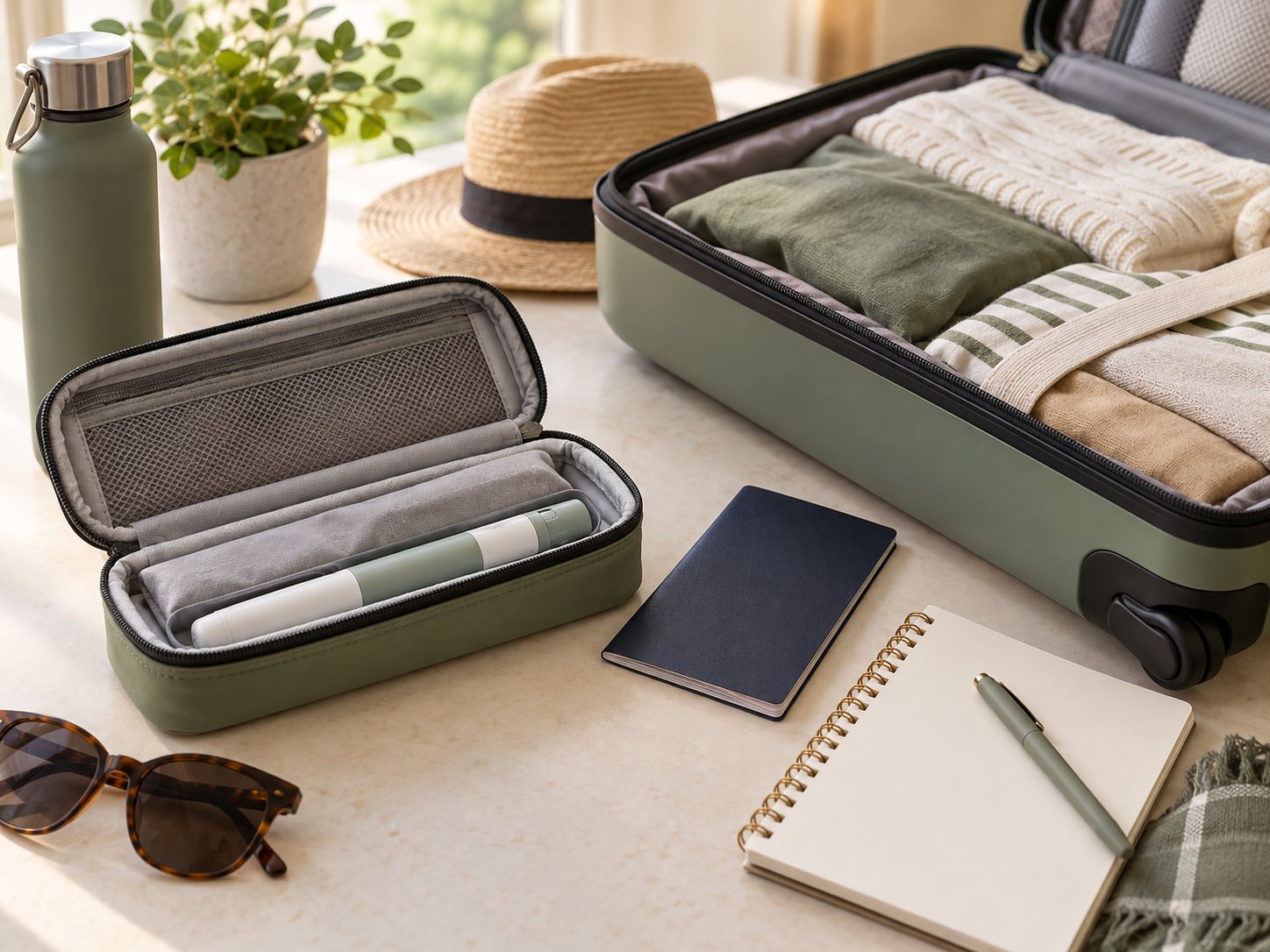 Travel luggage and organized medication supplies illustrating trip preparation