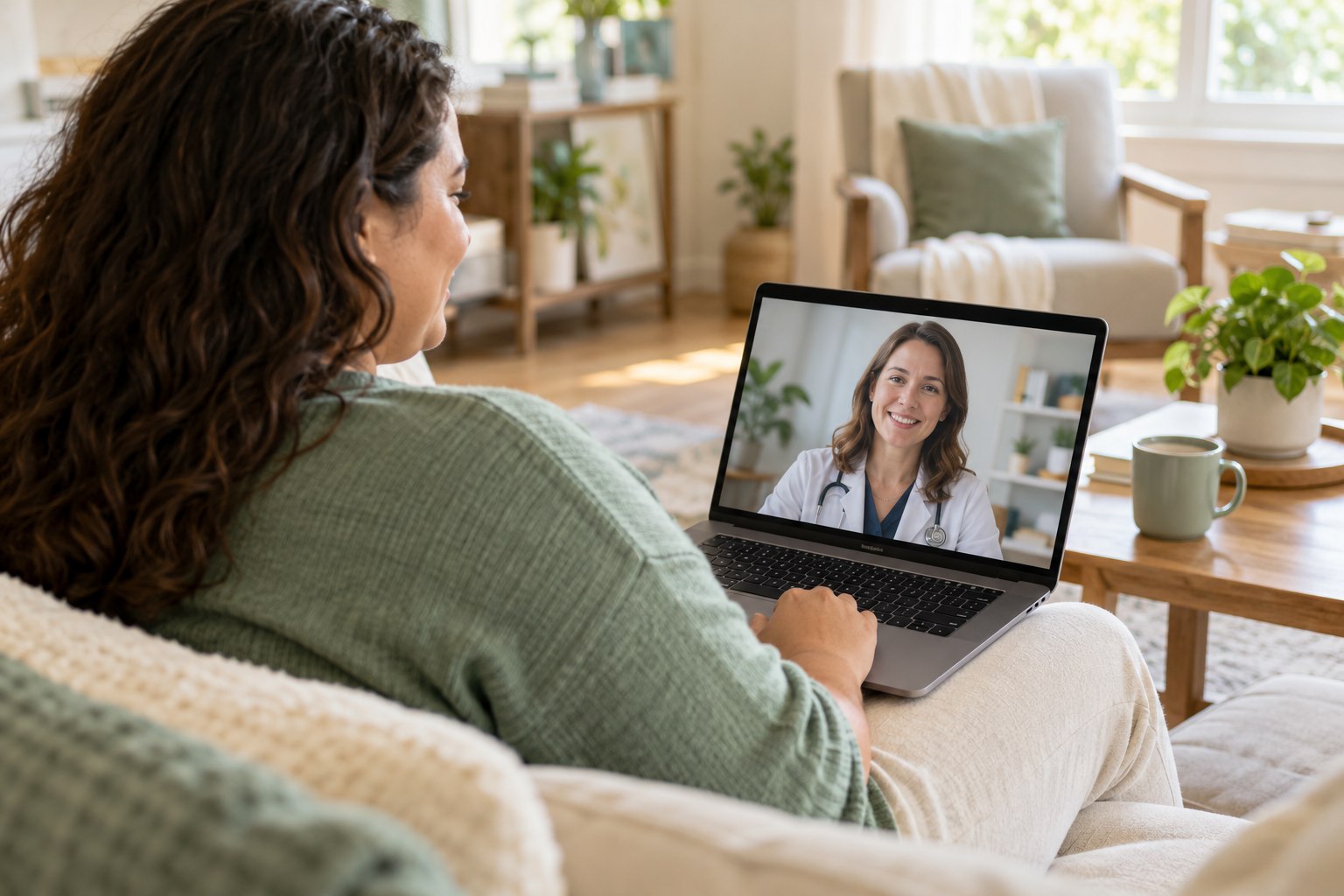 A woman discussing weight-management care with a clinician by video
