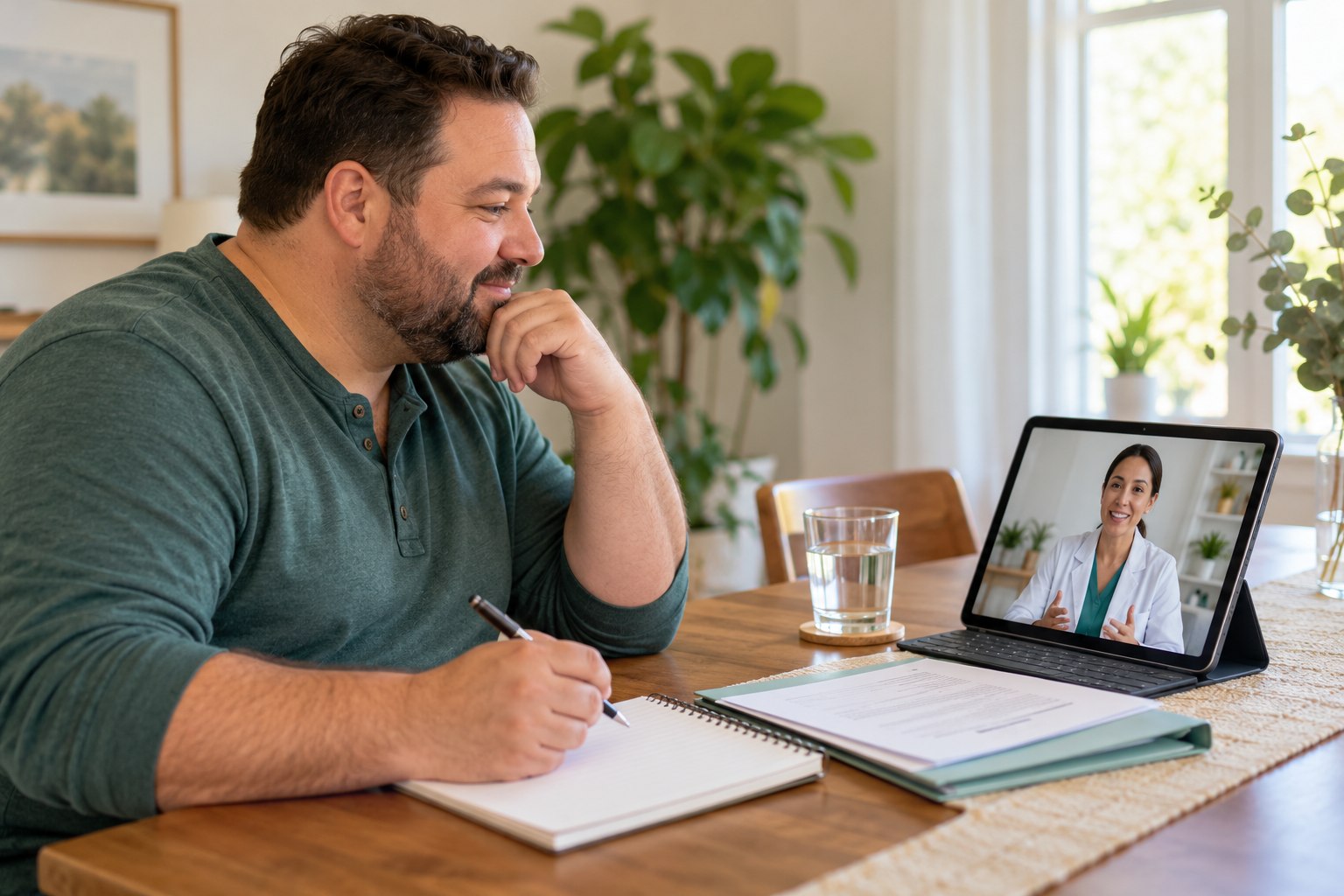 A man taking notes while discussing weight-management care with a clinician on a tablet