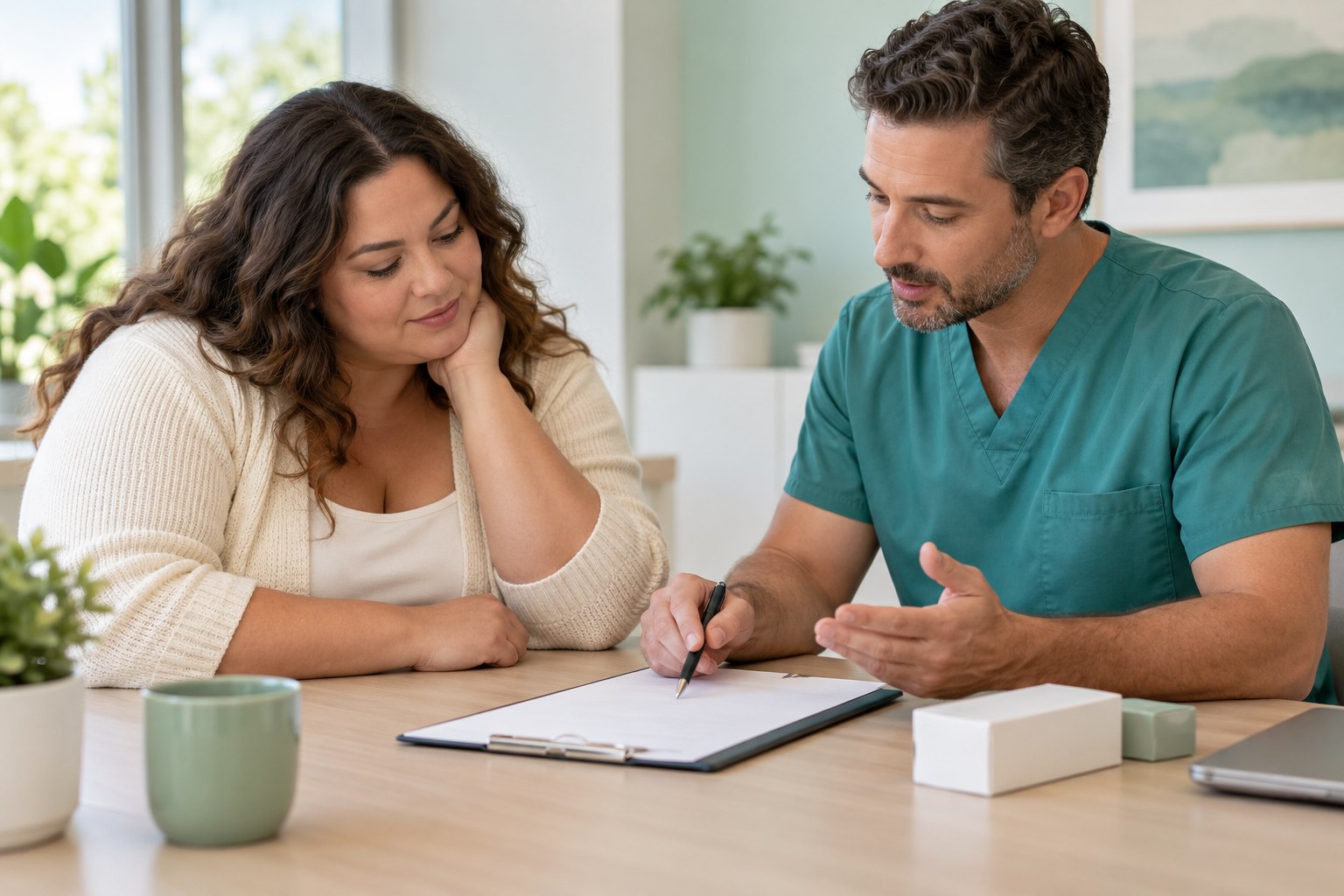 A patient and clinician discussing a medication care plan at a clinic table