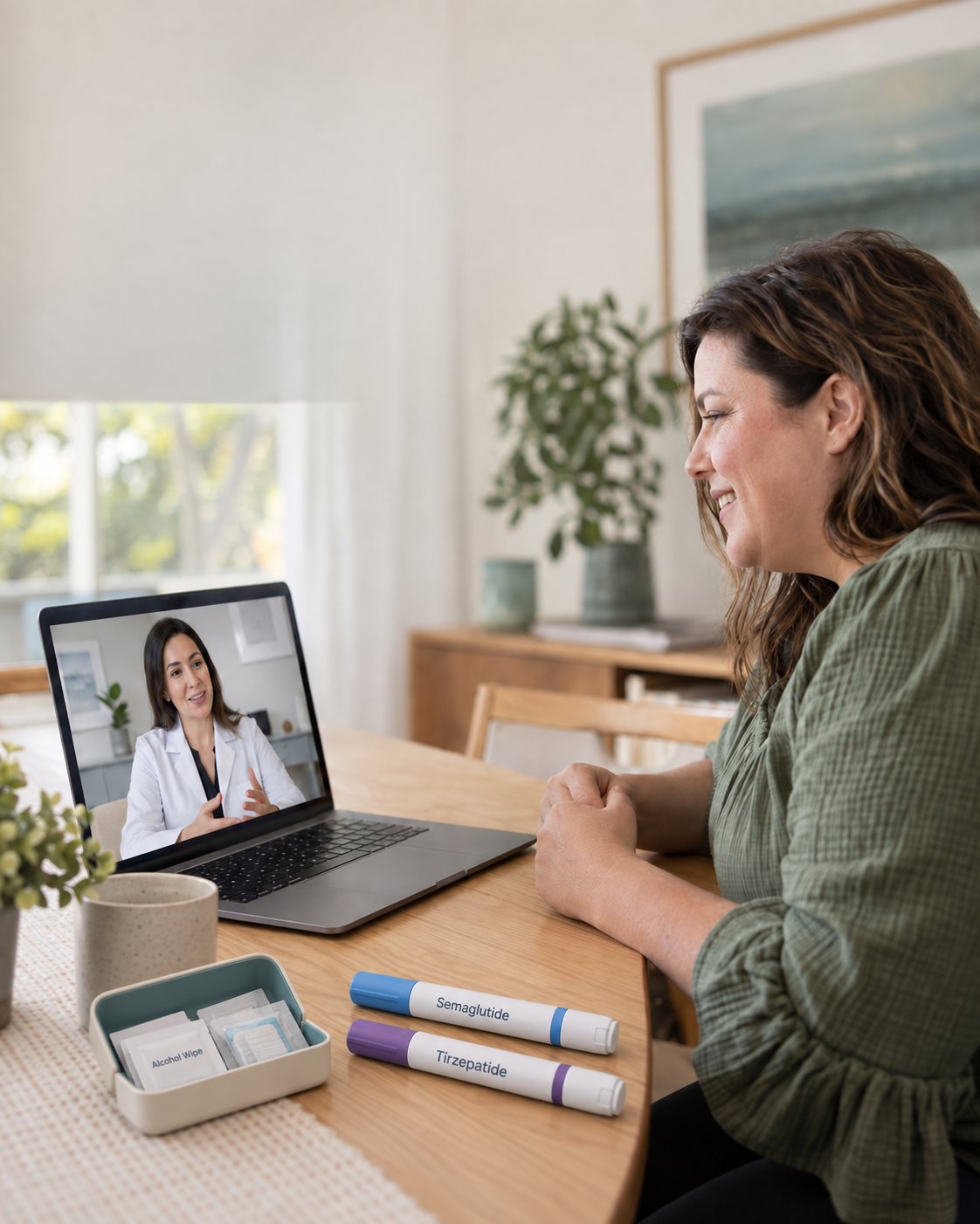 Illustrative capped medication pens beside a telehealth consultation